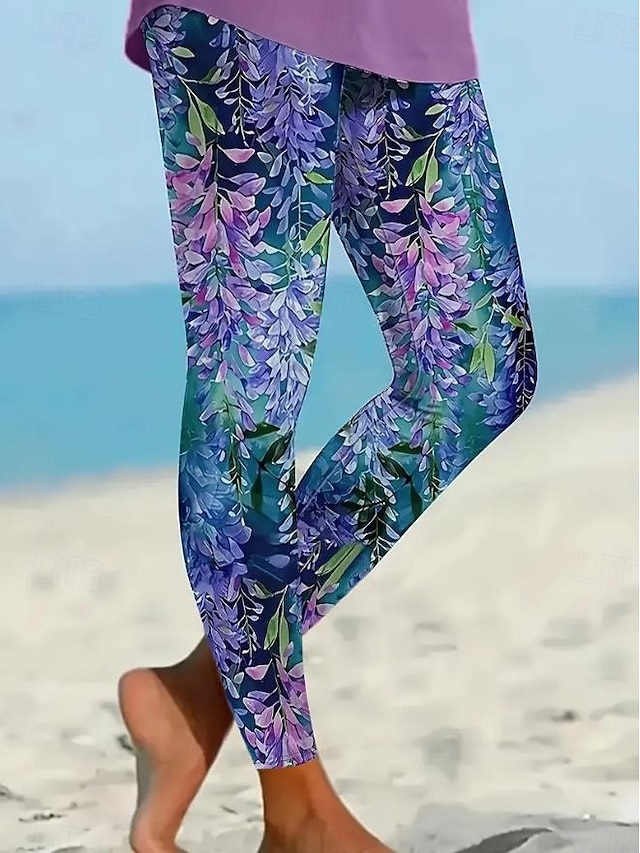  Dámské legíny kalhoty Culottes Široké nohy Móda Plné délky Vysoký pas Květinový potisk Mikro-elastické Práce Každodenní nošení Fialová Podzim Zima Skinny