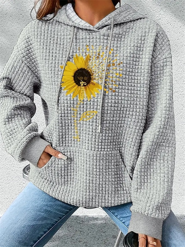  Sudadera con capucha para mujer, sudadera con estampado de girasoles para uso diario, con bolsillos, informal, de manga larga, microelástica, cómoda, transpirable, de tejido suave para otoño e