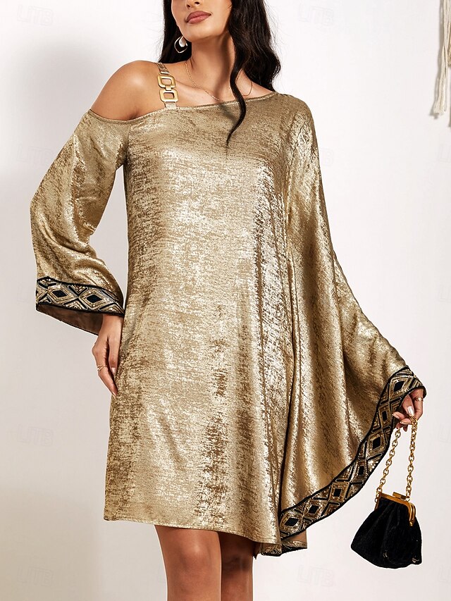 Women's Party Dress OneShoulder Metallic Gold Dress Mini Dress Evening