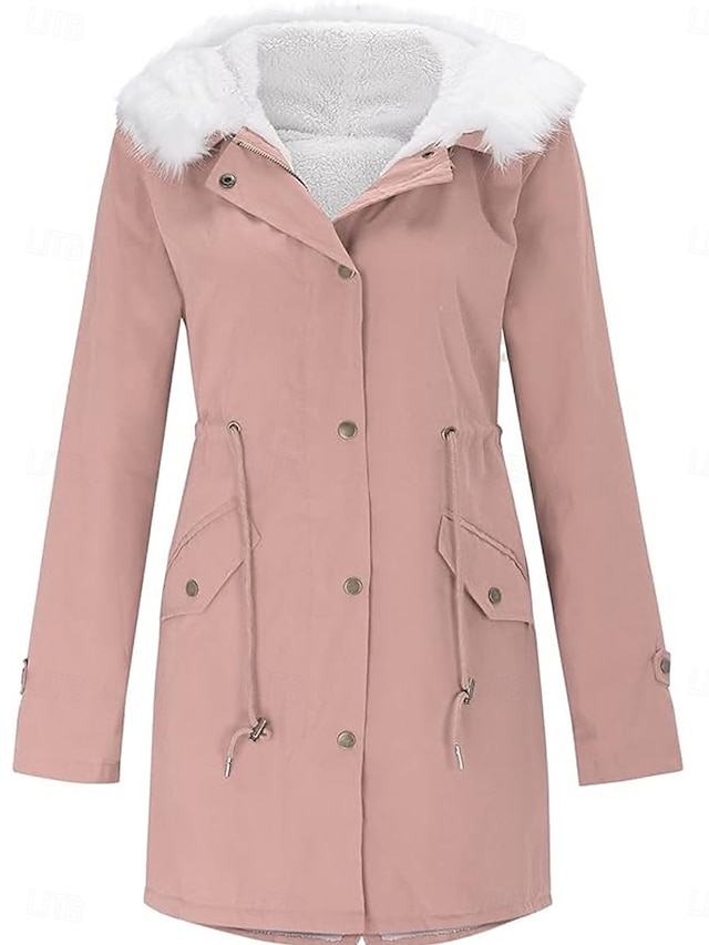  Dam Vinterkappa Vindtät Håller värmen Knappar Pälskrage Elegant Utomhus Ensfärgat Arbete Ledigt Knappad front Nedvikt Lös passning Långärmad Ytterkläder Rodnande Rosa Höst Vinter