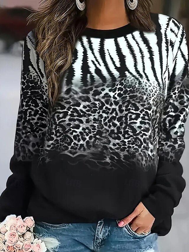  dámská mikina leopard street denní nošení potisk ležérní posádka výstřih dlouhý rukáv mikroelastický podzimní zimní komfrt prodyšná měkká tkanina