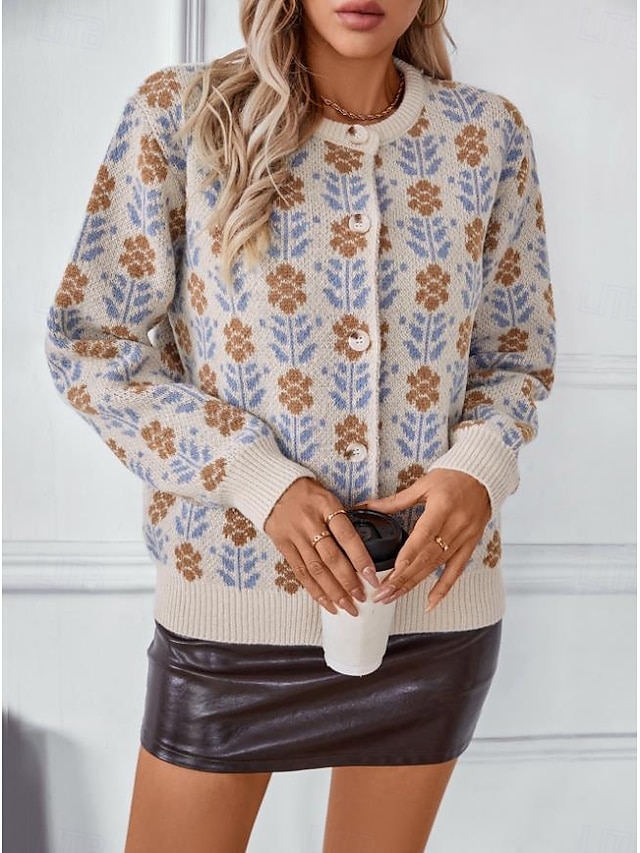  Women's Cardigan Crew Neck Knit Knitted Fall Winter Outdoor Fashion Streetwear Daily Long Sleeve Floral Camel Apricot