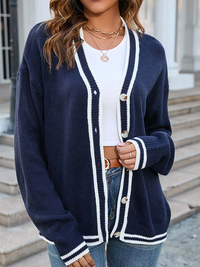 Women's Cardigan Fashion Streetwear Daily Color Block Open Front Knitted Long Sleeve Long Tops Knit Work White Navy Blue Fall Winter 11