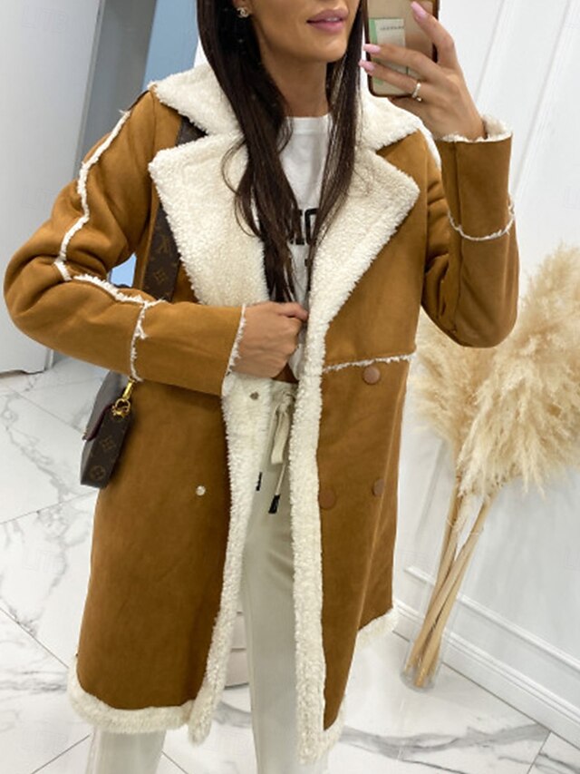 Women's Winter Coat Windproof Warm Patchwork Buttons Elegant Outdoor Solid Color Work Casual Double Breasted Turndown Loose Fit Long Sleeve Outerwear Black Brown Fall Winter 6