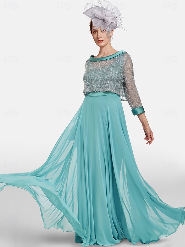  Abito A-Line per la Madre della Sposa Due Pezzi Matrimonio al Mare Elegante Collo Gioiello Lunghezza Tera Chiffon Pizzo Maniche 3/4 Giacca Inclusa Abiti con Colore Solido 2025 misura personalizzata