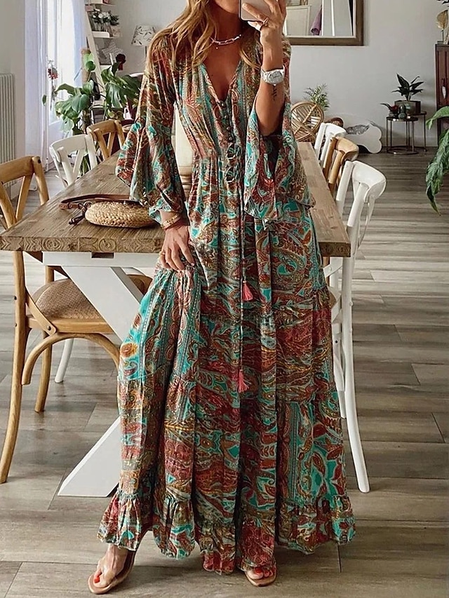  Dam Maxiklänning Vintage klänning Vardagsklänning Boho-klänning Ledigt Dagligen Lös passning Grafisk Långärmad V-hals Rubinrött Blå Grön Grå Vår Höst