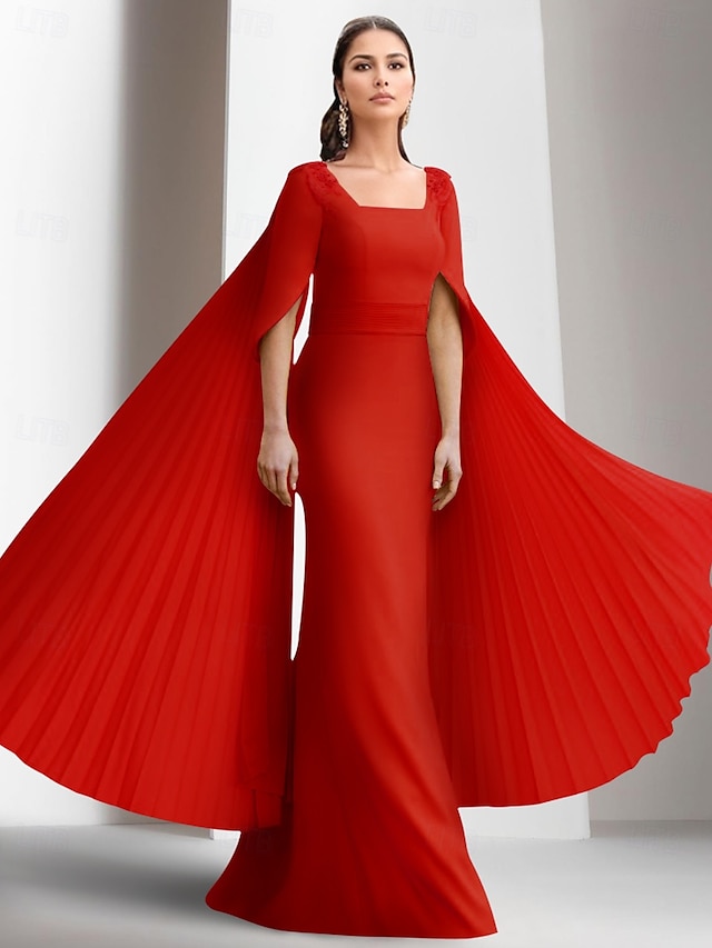  Rotes Etui Abendkleid Elegantes formelles Hochzeitsgast Kleid Bodenlang Kurzarm Quadrat Ausschnitt Stretch-Crepe mit Applikationen