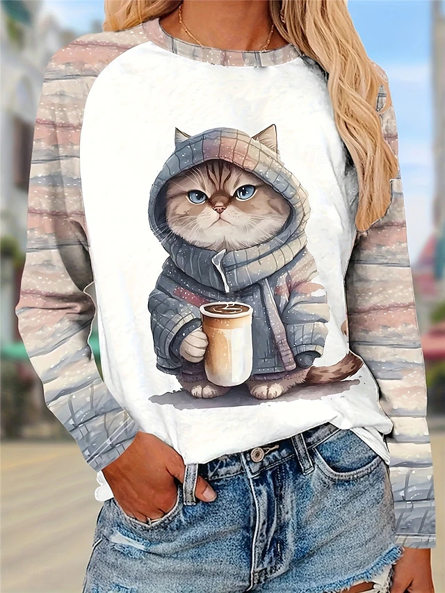 Women's T Shirt Casual Print Long Sleeve Long Tops Crew Neck Daily Khaki Spring & Fall 6