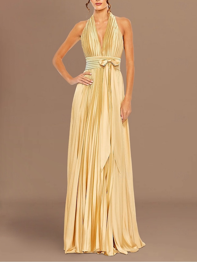  Robes d'Invité de Mariage Or Fuselée Élégante Robe Formelle Costume Cravate Noire Longueur de Sol Sans Manches Col Halter Charmeuse avec Nœud(s) Plis