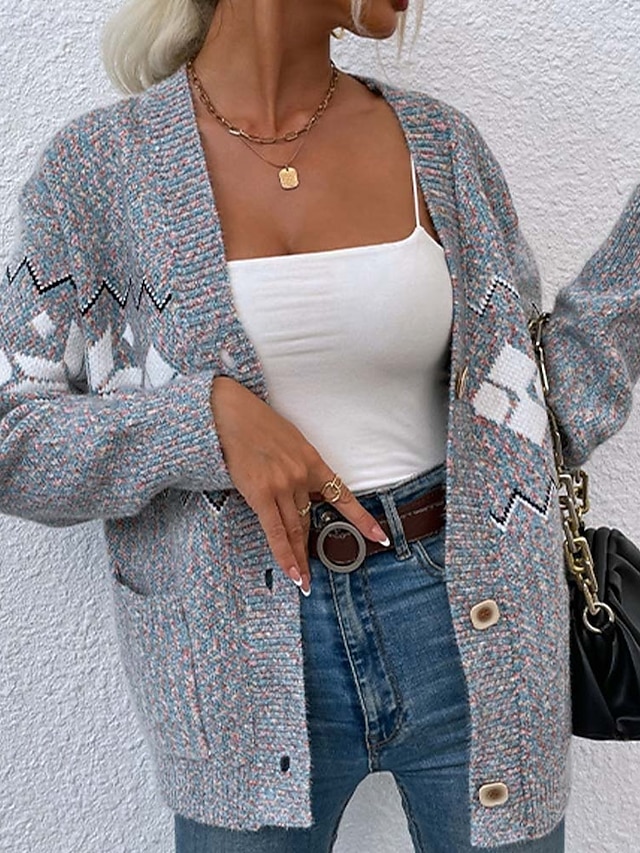 Women's Ugly Cardigan Open Front Knit Knitted Textured Fall Winter New Year Fashion Streetwear Daily Long Sleeve Snowflake Pink Light Grey 8