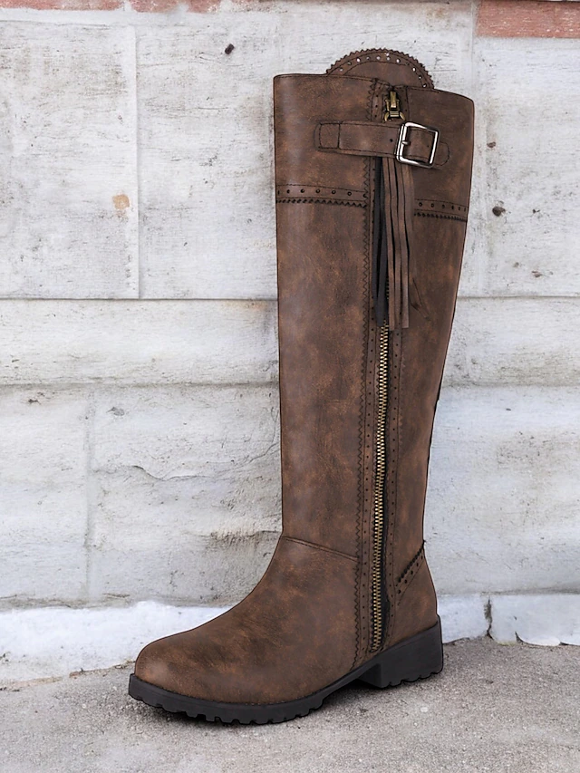 Women's Blue Faux Suede Knee-High Boots with Side Zipper and Tassel Detail, Vintage Style for Fall and Winter Casual Wear 10