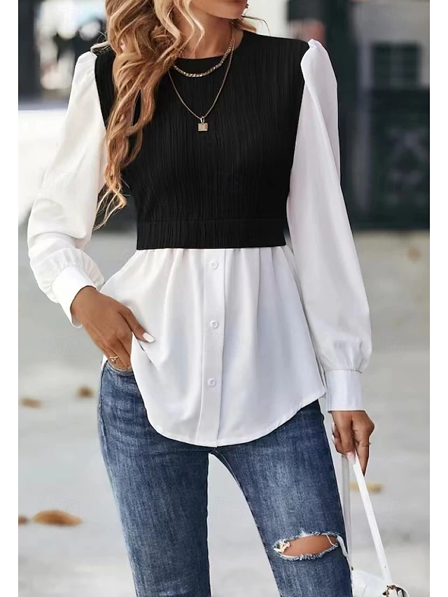 Women's Blouse Stylish Modern Long Sleeve Regular Tops Crew Neck Work Daily Black Spring Fall Winter 5