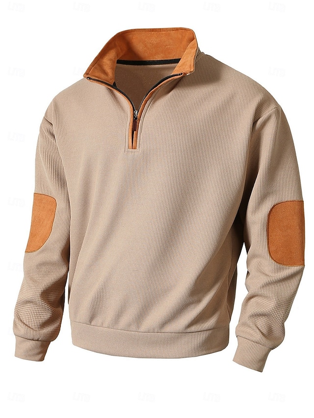 Men's Sweatshirt Waffle Sweatshirt Quarter Zip Sweatshirt Black Army Green Brown Khaki Dark Gray Half Zip Color Block Patchwork Sports & Outdoor Daily Holiday Polyester Streetwear Basic Casual Spring 16