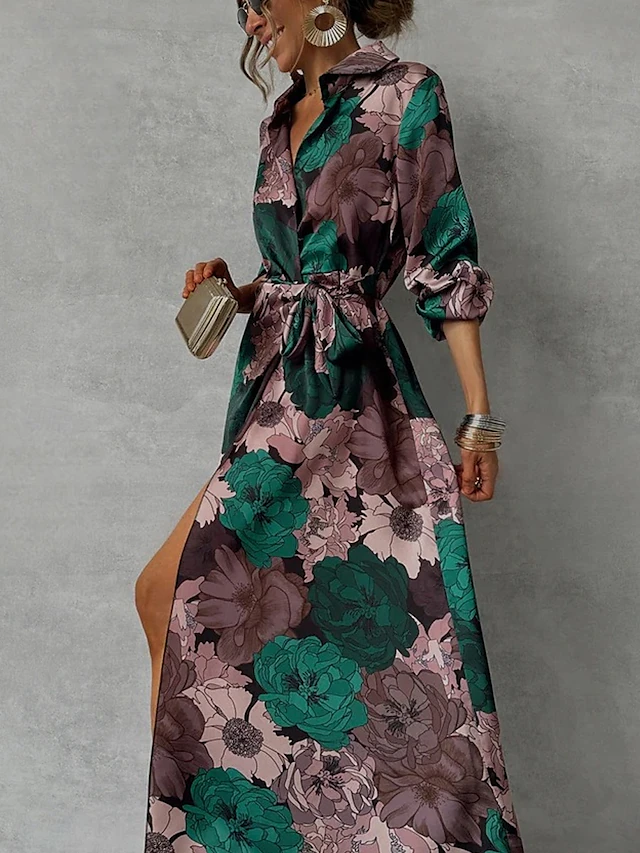 Women's Floral Print Lapel Maxi Dress Long Sleeve Spring Fall 5