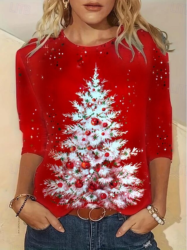 Women's Christmas Tree T-Shirt Round Neck Red Festive Holiday Casual Comfort Fit Partywear Seasonal Top Sizes Available Prefall 12