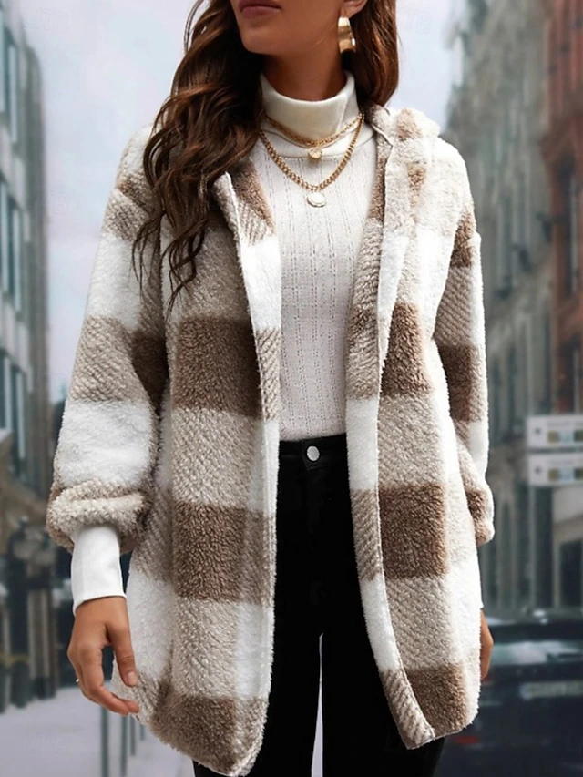 Women's Winter Coat Fleece Jacket Teddy Coat Warm Breathable Print Fleece Lined Casual Plaid Vacation Street Daily Wear Going out Open Front Regular Hoodie Regular Fit Long Sleeve Outerwear Pink Red 7