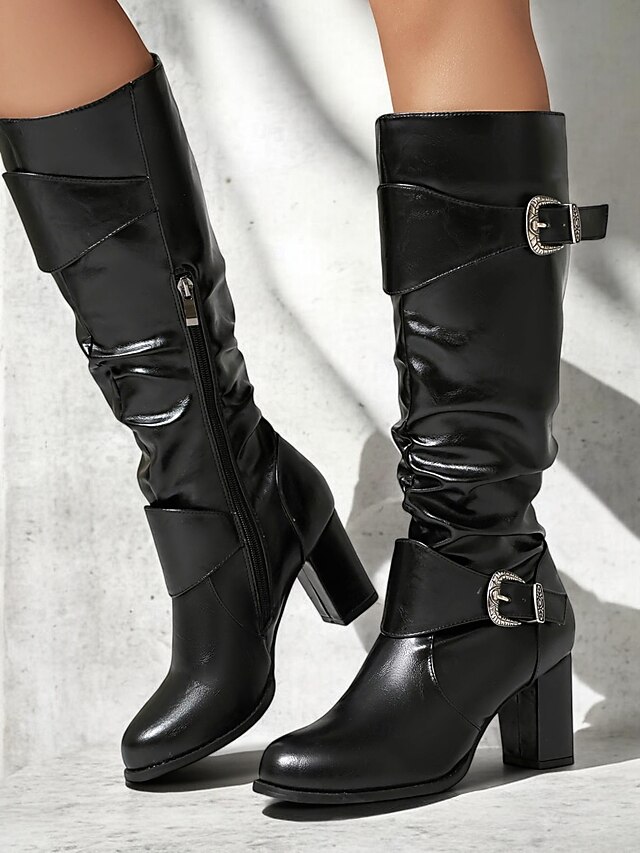 Women's Black Knee-High Chunky Heel Boots with Buckle Straps - Stylish Faux Leather Slouch Boots for Fall and Winter Casual Wear 12