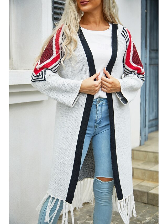 Women's Long Cardigan Open Front Knit Tassel Fall Winter Outdoor Going out Weekend Fashion Daily Long Sleeve Geometric Black Camel 11