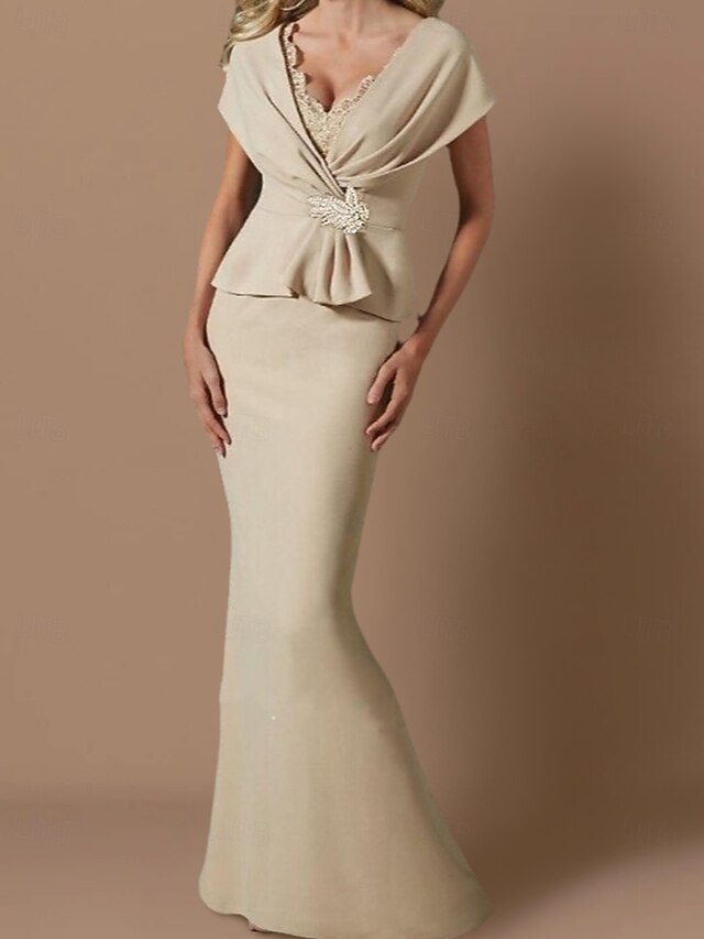 Sheath Dress Wedding Guest Dress Elegant Off Shoulder Floor Length Satin Short Sleeve with Ruched Solid Color main image 1