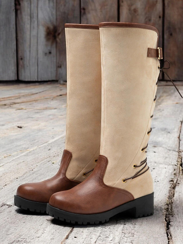 Women's Equestrian Riding Boots – Brown and Beige Faux Leather Knee-High Boots with Lace-Up Back, Ideal for Horseback Riding, Outdoor Fall Adventures, and Country Style Outfits 15