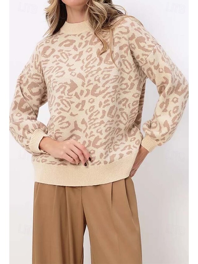  Női Pulóver Divat Utcai sikk Napi Állat Nyomtatott Terített nyak Crewneck Hosszú ujj Hosszú felsők Kötött Munka Bíbor Khakizöld Ősz Tél