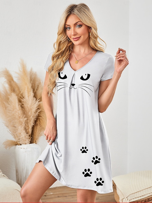  Damen-Schlafanzug mit Katze, schlichter Rundhalsausschnitt, kurze Ärmel, Sommer-/Frühlings-Home-Outfits