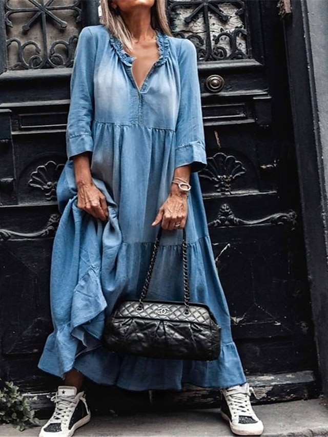  Robe de travail Robe casual Femme robe longue Elégant Mode A Volants Col V manche longue Bureau du quotidien Plein Ample Noir Bleu Printemps Automne S M L XL 2XL