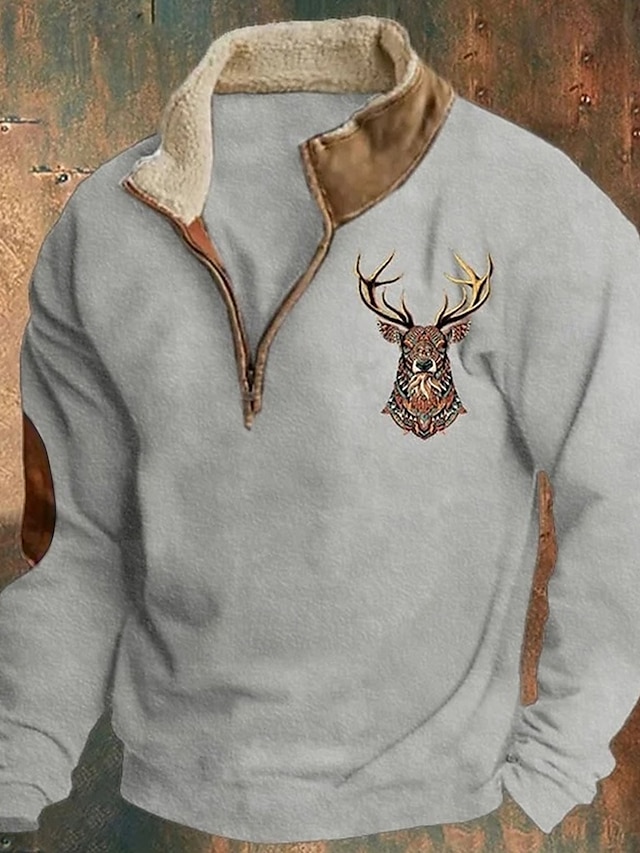  Men's Sweatshirt Quarter Zip Sweatshirt Black Navy Blue Brown Gray Half Zip Reindeer Print Christmas Daily Holiday Streetwear Casual Thin fleece Fall & Winter Clothing Apparel Hoodies Sweatshirts 