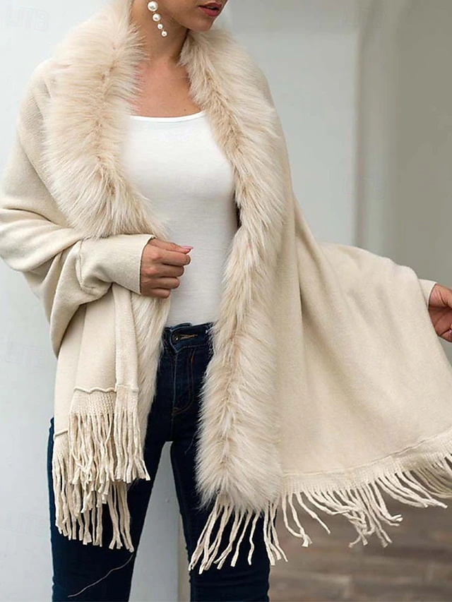 Women's Cardigan Open Front Knit Tassel Fur Fall Winter Formal Outdoor Elegant Fashion Long Sleeve Solid Color Khaki Beige 7
