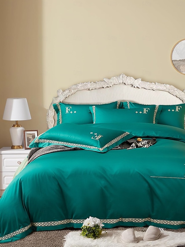  Conjunto de cama com capa de edredom de 4 peças, 100% algodão orgânico, tecido macio e respirável, inclui capa de edredom e fronhas para um sono confortável