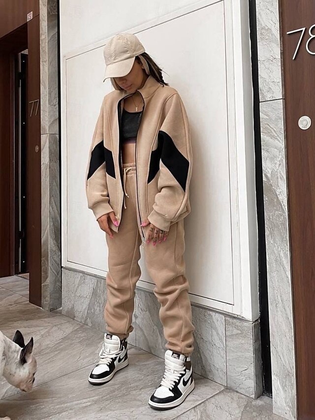  Feminino Quente Moletom Sherpa Calças de lã Manga Longa Gola Alta Bloco de cor Zíper Ao ar livre Branco Castanho Claro Primavera Superdimensionado