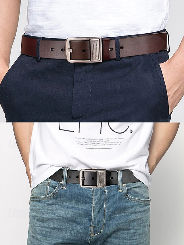 Men's Classic Brown Genuine Leather Belt with Metal Buckle, Formal ...