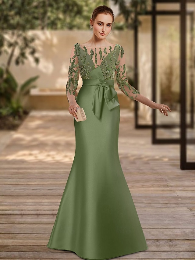 vestido de noite sereia verde elegante vestido formal comprimento até o chão manga 3/4 decote ilusão cetim com apliques 2025