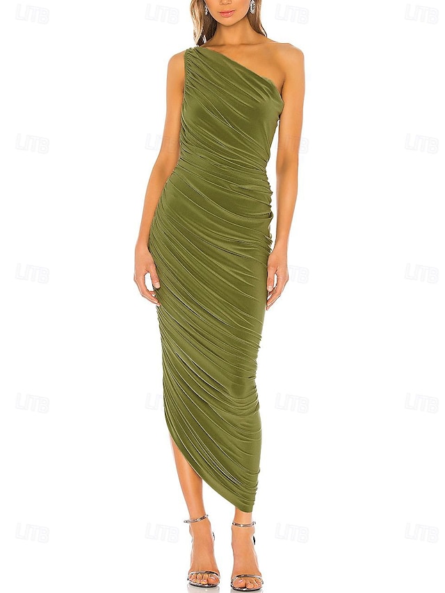  Groene Sheath Bruiloft Gasten Jurken Elegante Jurk Formele Enkel Lengte Mouwloos Off Schouder Stretch Chiffon met Kruis Gerimpeld