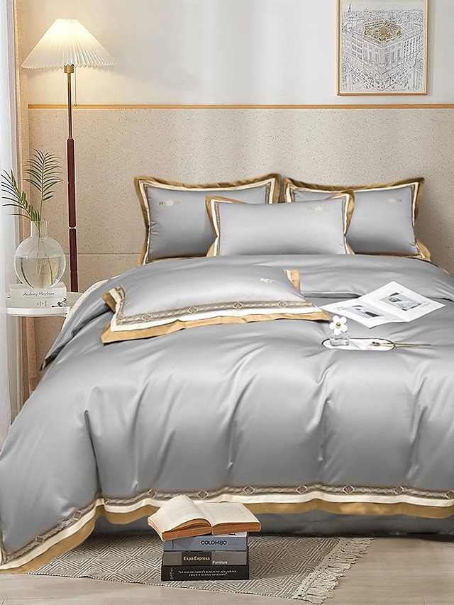  Conjunto de cama com capa de edredom de 4 peças, 100% algodão orgânico, tecido macio e respirável, inclui capa de edredom e fronhas para um sono confortável