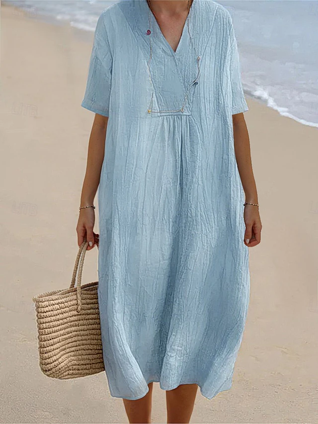 Women's Midi Dress V-neckline Crinkled Texture Light Blue Short Sleeve Casual Beachwear Loose Fit Breathable Summer Apparel 5