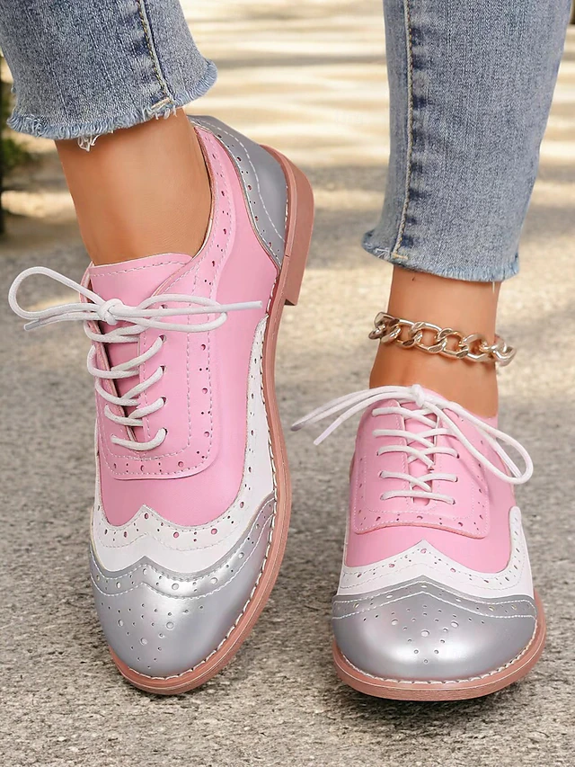 Women's Multicolor Oxford Shoes, Retro Wingtip Design with Green, Pink, and Purple Panels, Casual Lace-Up Brogues for Fashion and Daily Wear 17