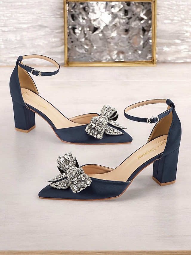  Damen Pumps aus Satin mit Blockabsatz und Strass-Schleife – elegante formelle Pumps für Hochzeiten und besondere Anlässe