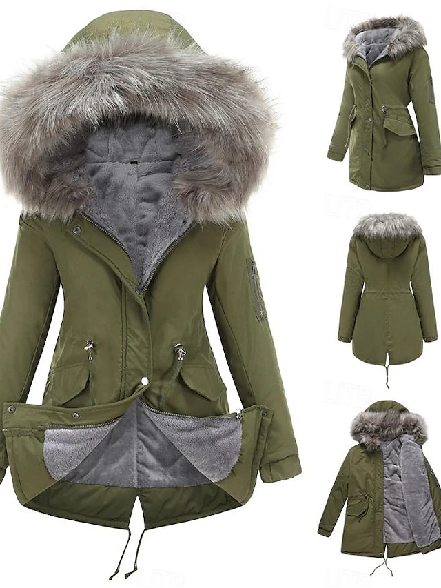 Women's Winter Coat Windproof Warm Zipper Outdoor Solid Color Work Casual Zipper Hoodie Loose Fit Long Sleeve Outerwear Black Red Green Winter 7