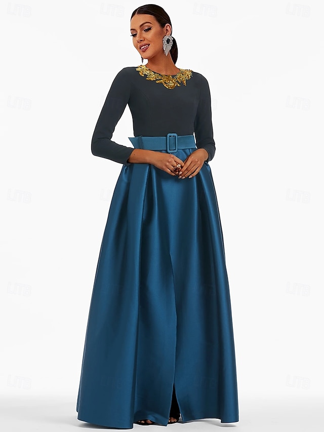  A-Linje Kvelds Kjole Elegant Kjole Formell Gulvlengde 3/4 Lengde Erme Juvel Hals Lomme Sateng med Glitrende Slisse