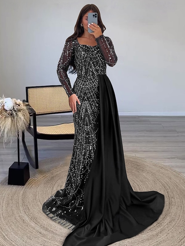 Robe de soirée sirène cravate noire robe élégante de mariage formelle longueur de sol manches longues décolleté carré avec fente paillettes robe de masque