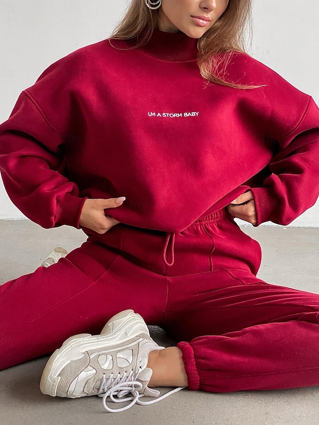  Per donna Caldo Felpa Sherpa Pantaloni in pile Pantaloni maglione Set Manica lunga Girocollo Tinta unica Alfabetico Esterno Nero Rosso Marrone chiaro Primavera Oversize