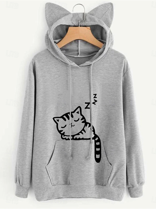 Women's Hoodie Sweatshirt Casual Cat Street Dailywear Hoodie Pocket Print Long Sleeve Black Pink Wine Gray Fall Winter 7