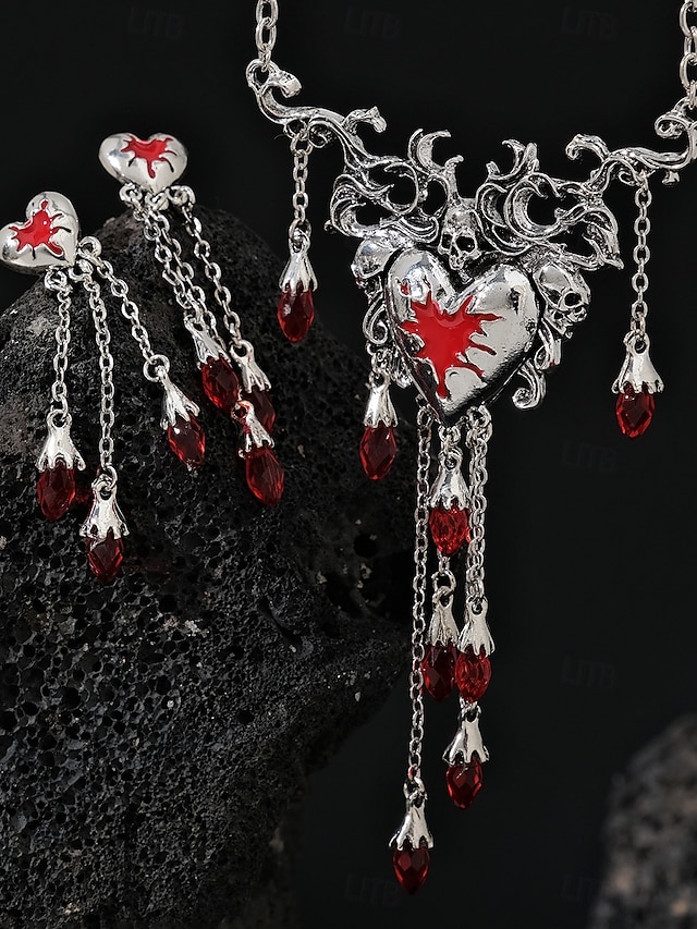  Gothic Skull Heart Necklace and Earrings Set with Red Crystal Drops - Halloween Statement Jewelry for Cosplay and Special Events