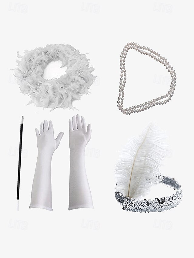  Vintage Flapper Kostüm-Zubehörset – 1920er Gatsby Stirnband, lange Handschuhe, Ohrringe, Perlenkette und Zigarettenspitze für Mottopartys & Cosplay