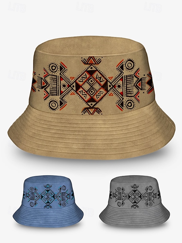  pánský béžový bucket klobouk s etnickým geometrickým potiskem - stylový letní klobouk pro outdoorové dobrodružství a festivaly