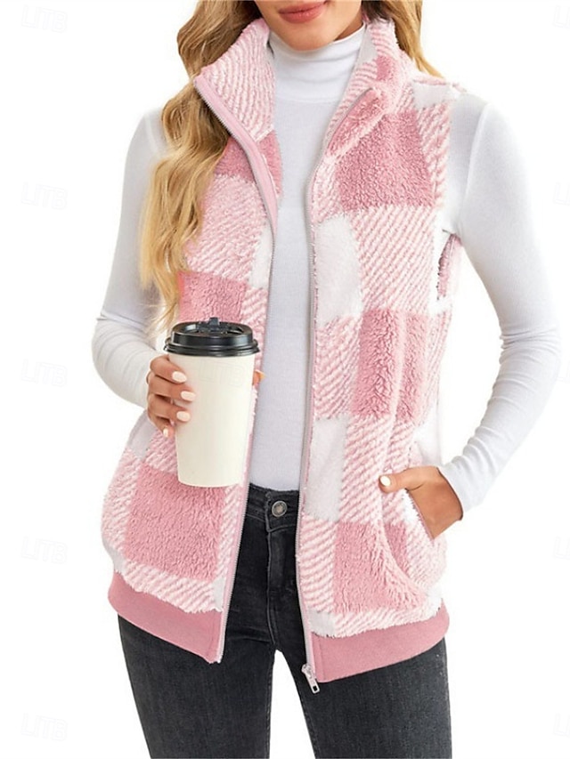  Damen Fleecejacke Fleece-Weste Teddy-Mantel warm halten Atmungsaktiv Zip Tasche Innenfutter aus Fleece Brautkleider schlicht Plaid Urlaub Strasse Freizeitskleidung Ausgehen Reisverschluss Standard