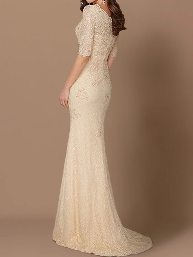 Mermaid Mother of the Bride Dress Wedding Guest Plus Size Sexy V Neck Sweep / Brush Train Chiffon Lace Half Sleeve with Lace Appliques 7