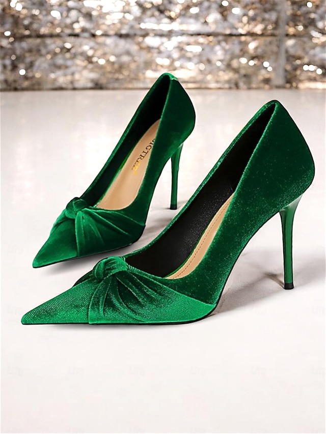 talons aiguilles en velours vert pour femmes - escarpins élégants à bout pointu avec détail nœud pour les soirées et les occasions spéciales
