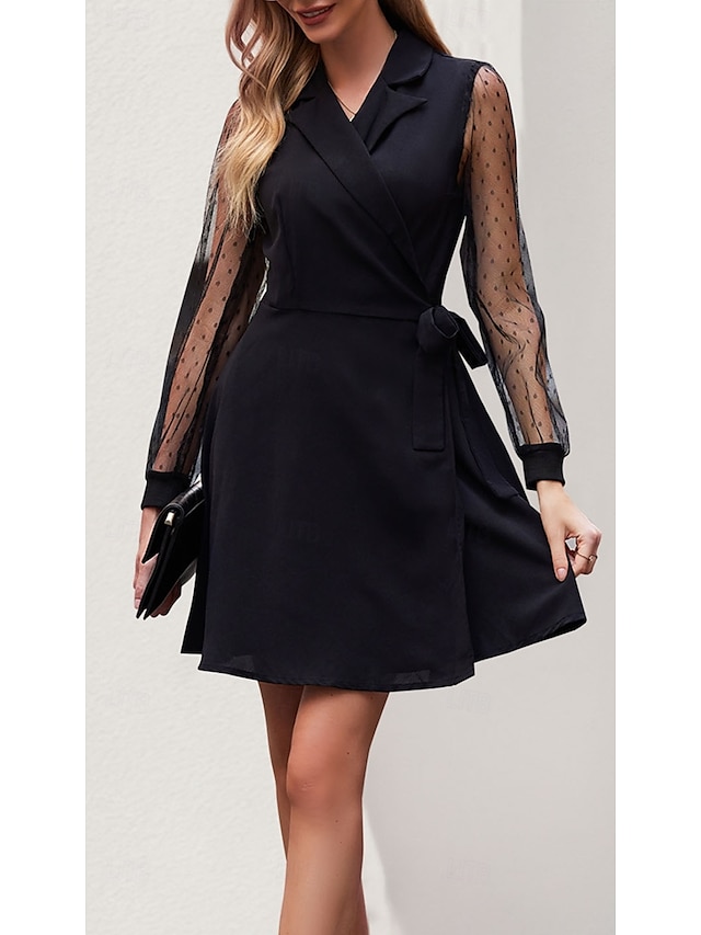  Női Munkaruha Fekete ruha Divat Iroda Napi Mini ruha Fűzős Állógallér Hosszú ujj Sima Normál Fekete Tavasz Ősz S M L XL